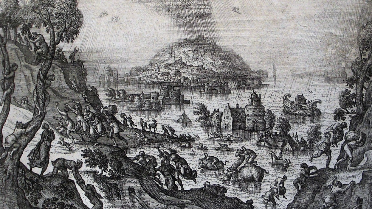 A detailed black and white engraving depicting a chaotic scene of a city inundated with water. In the foreground, numerous people and animals are in various states of escape, with some climbing trees and others attempting to swim to safety